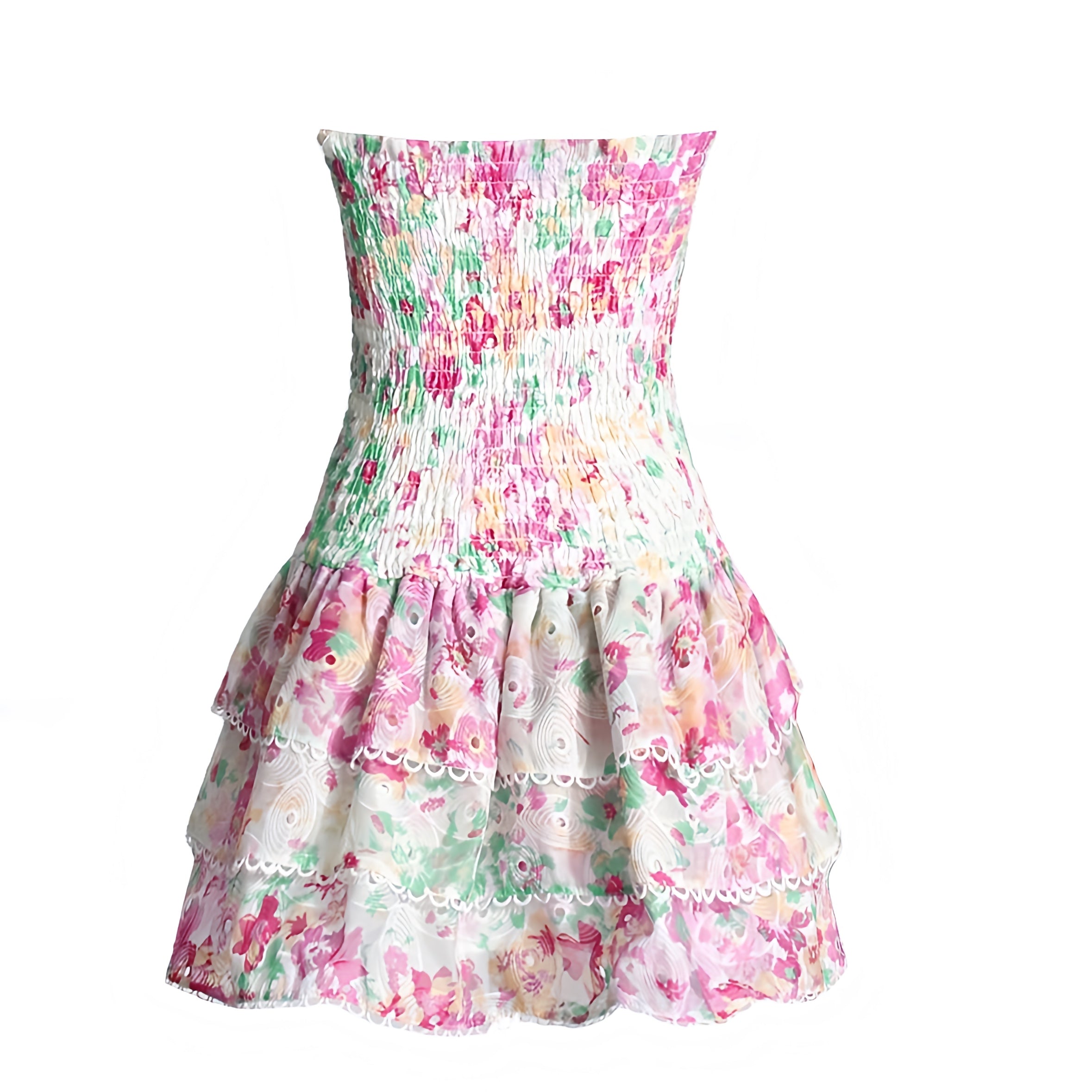 Addison Floral Eyelet Embroidered Layered Ruffle Strapless Smocked Mini Dress