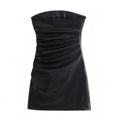 Black Faux Leather Bodycon Slim Fit Ruched Strapless Mini Dress