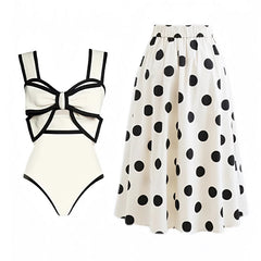 White & Black Lined Bow Cut-Out One Piece Swimsuit & Polka Dot Cover Skirt