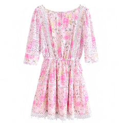 Light Pink Floral Print Eyelet Embroidered Lace Trim Short Sleeve Mini Dress