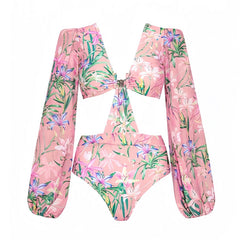 Florida Keys Light Pink Floral Print Cut-Out Long Sleeve One Piece Swimsuit