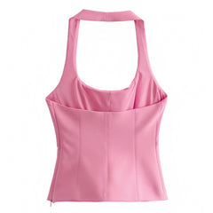 Light Pink Corset Slim Fit Scoop Neck Backless Halter Crop Tank Top