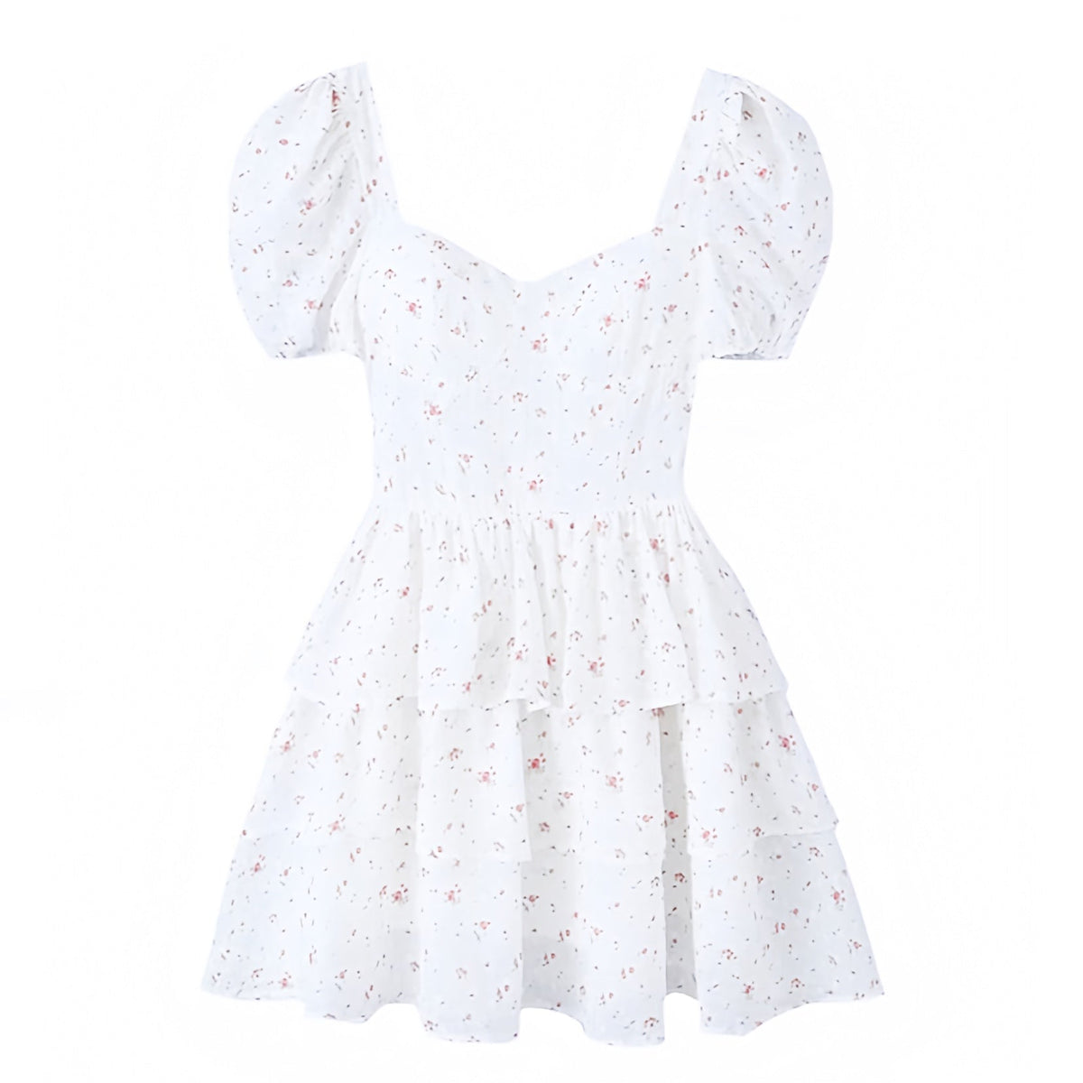 Light Pink & White Floral Print Layered Ruffle Drop Waist Puff Sleeve Mini Dress
