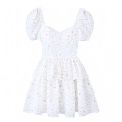 Light Pink & White Floral Print Layered Ruffle Drop Waist Puff Sleeve Mini Dress