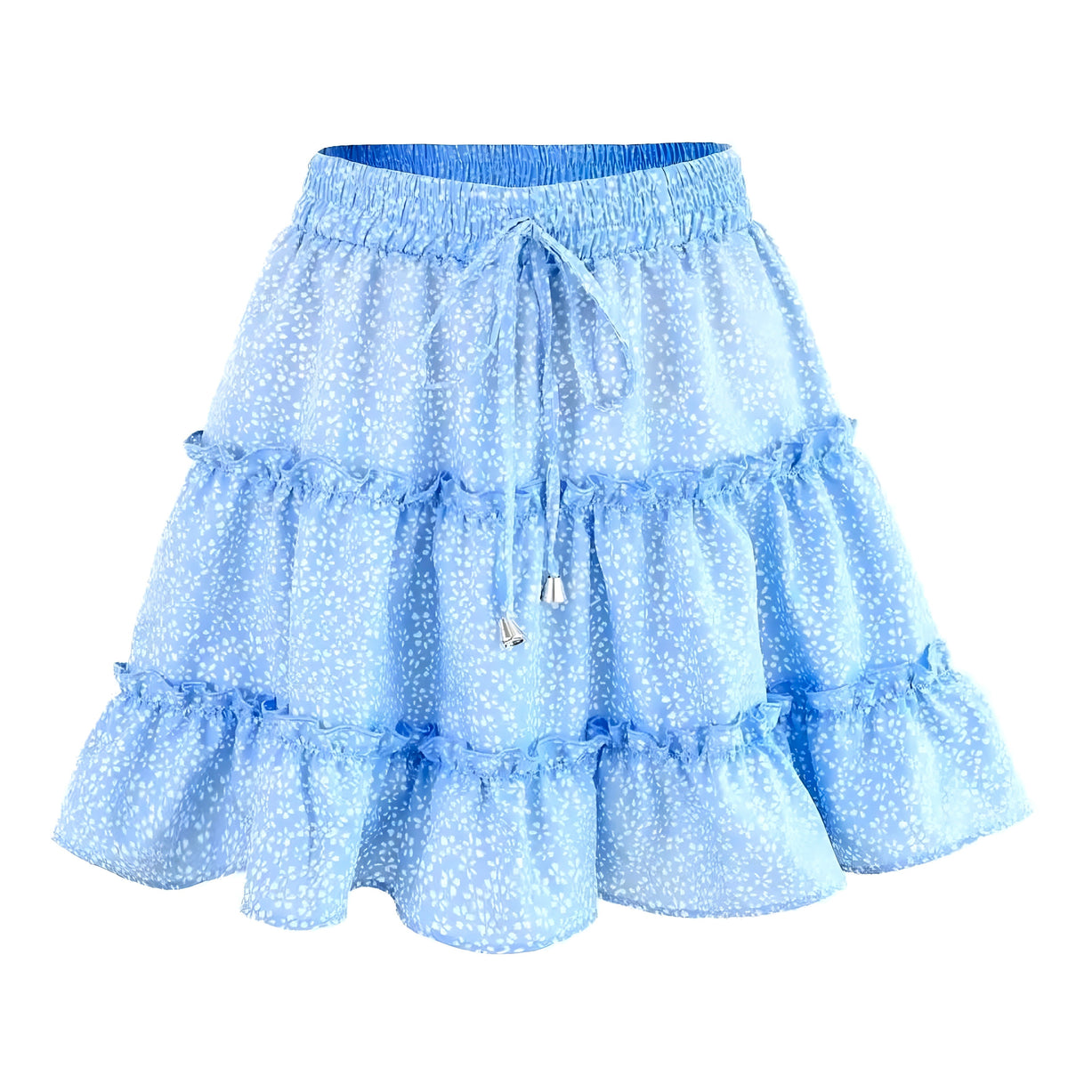Light Blue Hibiscus Floral Print Ruffle Trim Mid-High Rise Tiered Mini Skirt