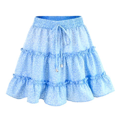 Light Blue Hibiscus Floral Print Ruffle Trim Mid-High Rise Tiered Mini Skirt