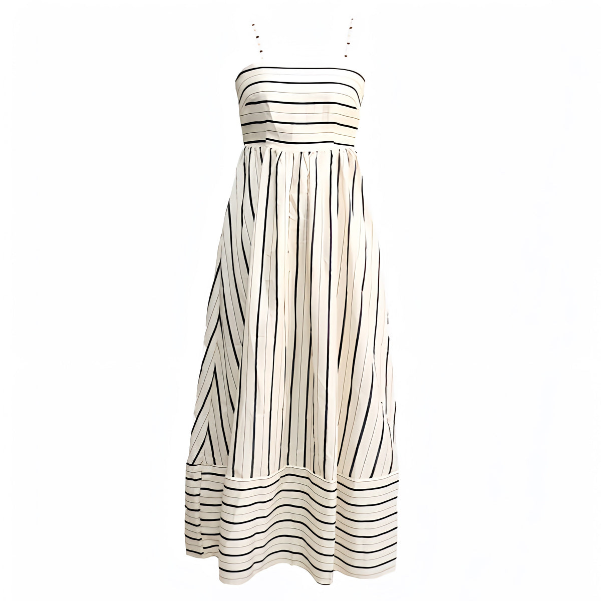 Ivory White Striped Spaghetti Strap Sleeveless Tiered Linen Maxi Dress