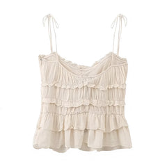 Light Beige Slim Fit Layered Ruffle Trim Tiered Spaghetti Strap Tank Top