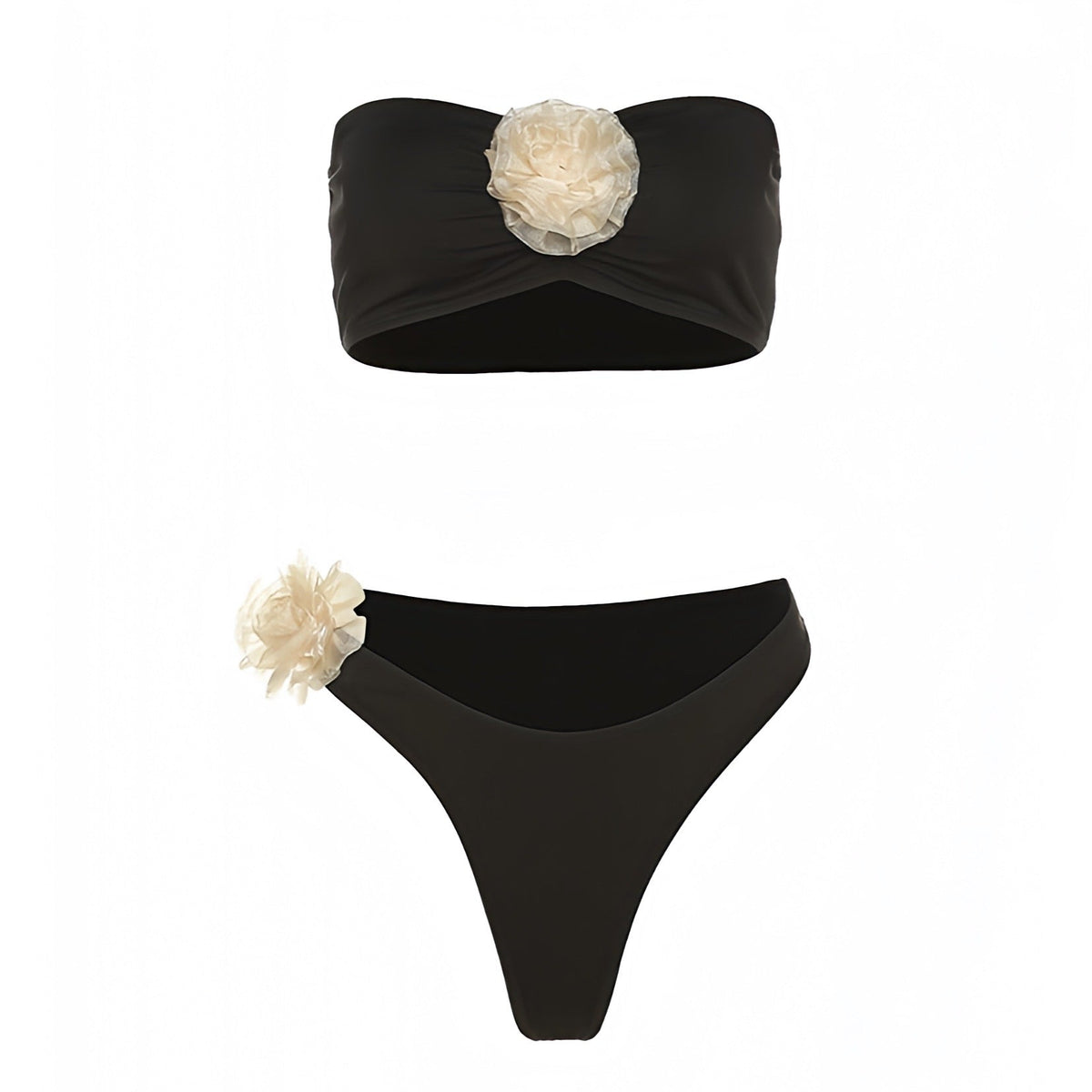 Black & Ivory White Rose 3D Flower Bandeau Strapless 2 Piece Bikini Set
