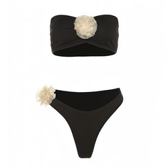 Black & Ivory White Rose 3D Flower Bandeau Strapless 2 Piece Bikini Set