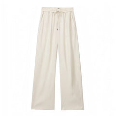 Light Beige Low Rise Cotton Linen Wide Leg Trouser Pants
