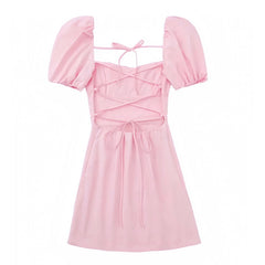 Light Pink Bodycon Lace Up Ruched Puff Sleeve Backless Mini Dress