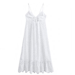 White Eyelet Embroidered Bodycon Ruffle Trim Spaghetti Strap Backless Maxi Dress