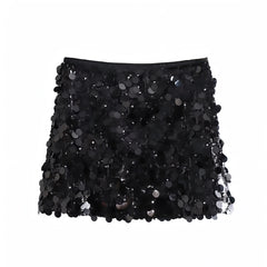 Dark Black Sequined Glitter Low Rise Mini Skirt