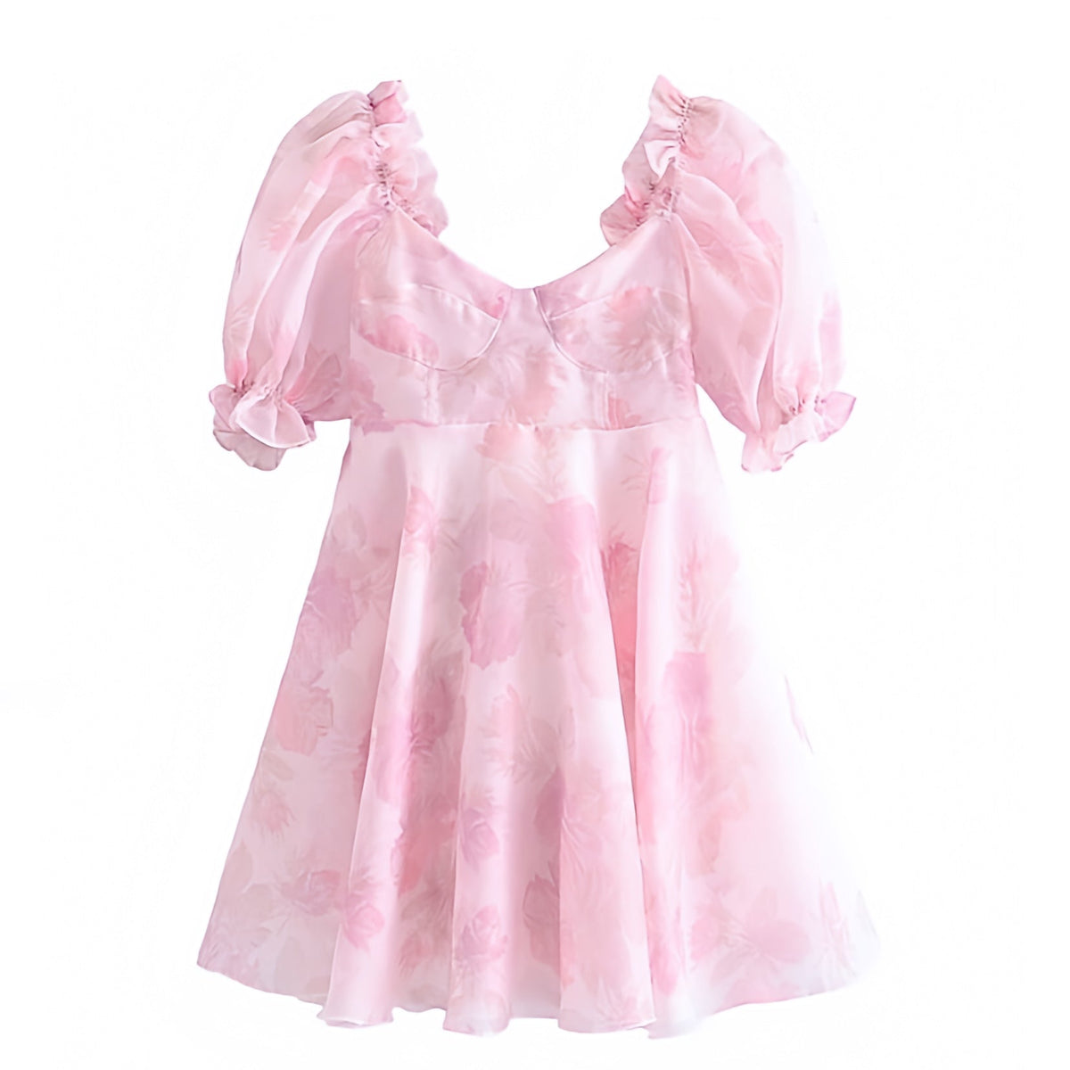 Light Pink Floral Print Corset Ruffle Trim Puff Sleeve Babydoll Mini Dress