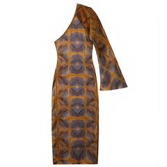 Amber Multi-Color Patterned Bodycon Asymmetric Long Sleeve Maxi Dress