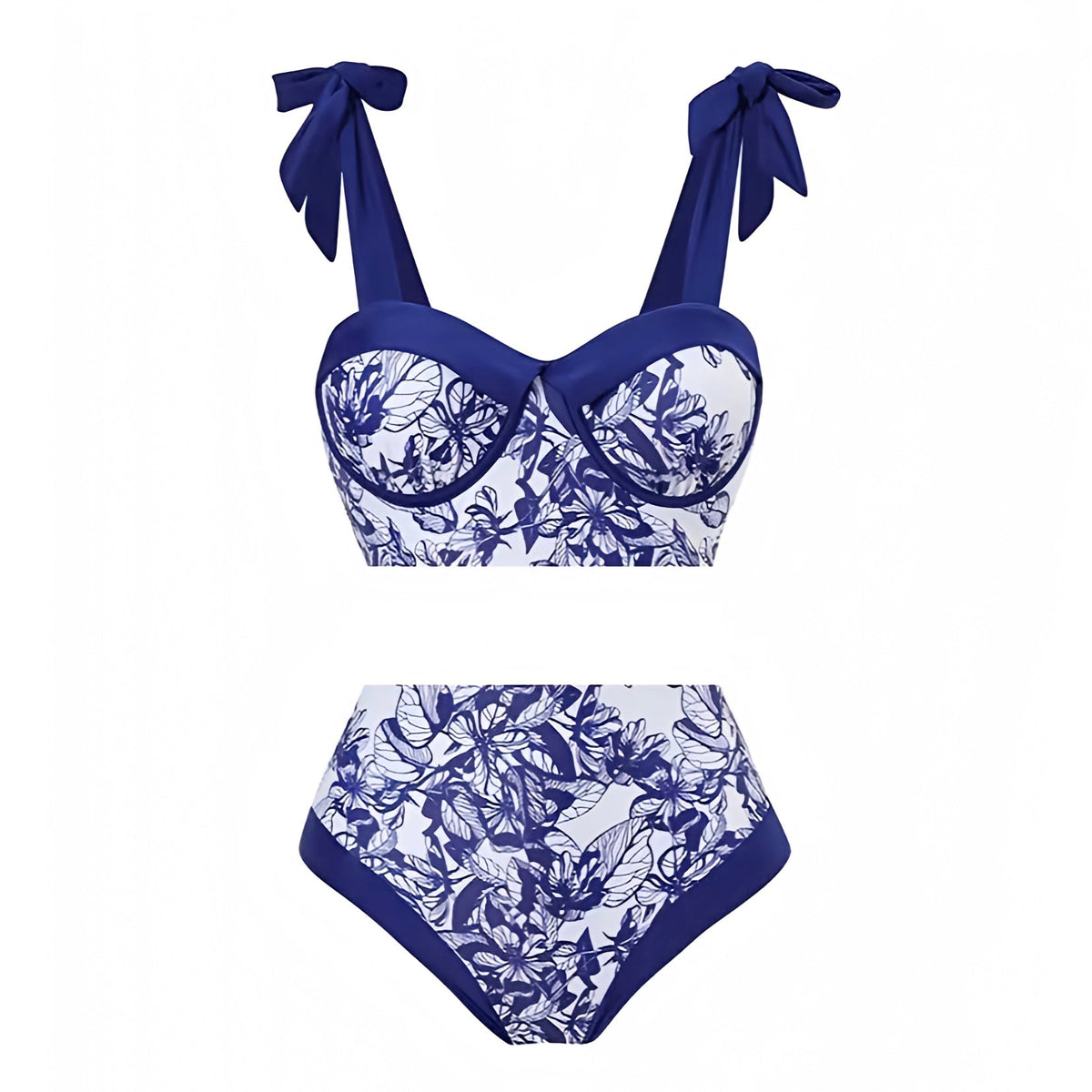 Navy Blue Floral Print Spaghetti Strap Underwire 2 Piece Bikini Set