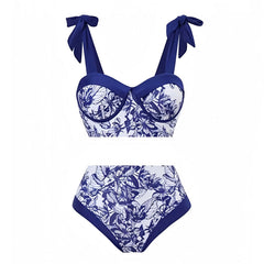Navy Blue Floral Print Spaghetti Strap Underwire 2 Piece Bikini Set