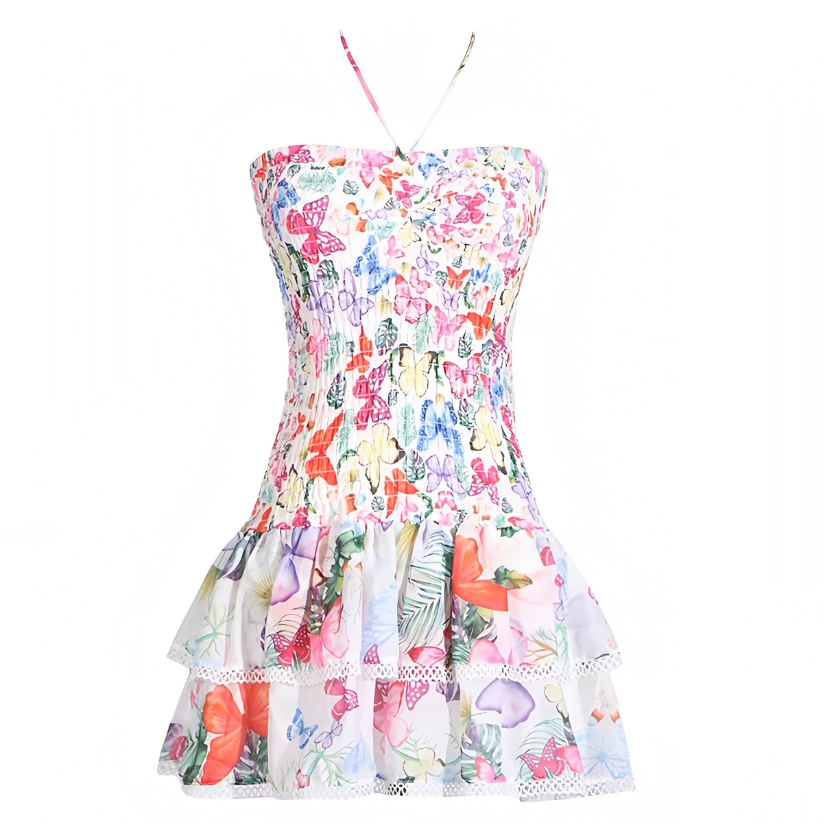 White Multi-Color Butterfly Floral Layered Ruffle Smocked Halter Mini Dress