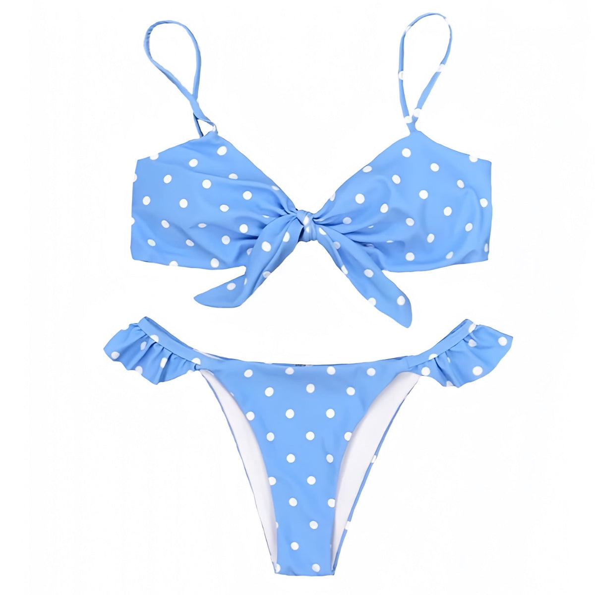 Light Blue & White Polka Dot Ruffle Trim Knot Tie 2 Piece Bikini Set