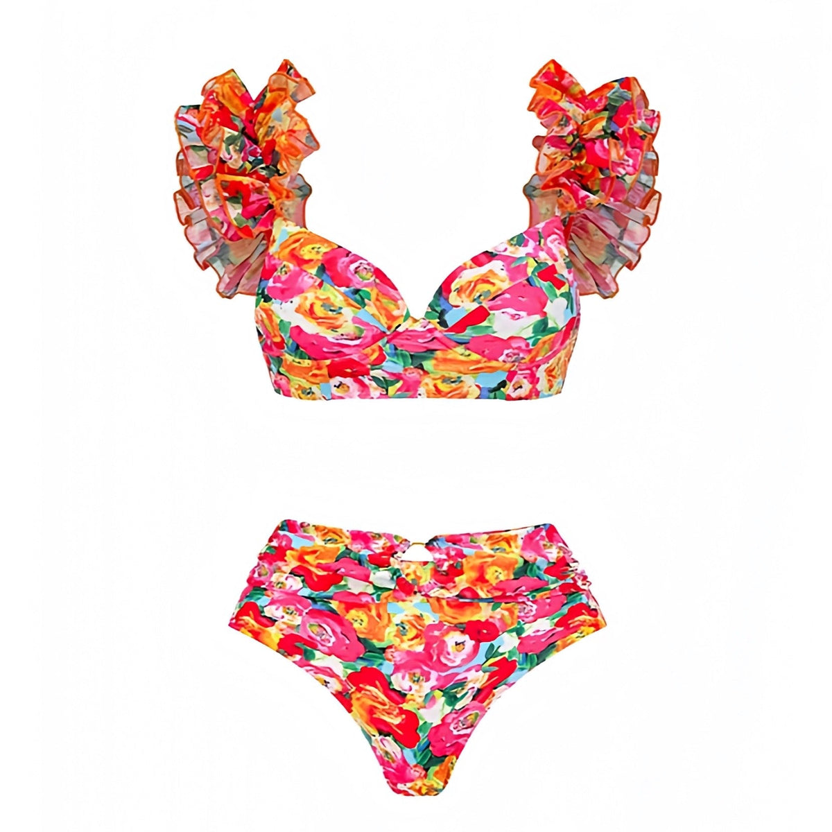 Ibiza Multi-Color Floral Print Ruffle Trim Puff Sleeve Underwire 2 Piece Bikini Set