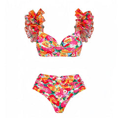 Ibiza Multi-Color Floral Print Ruffle Trim Puff Sleeve Underwire 2 Piece Bikini Set
