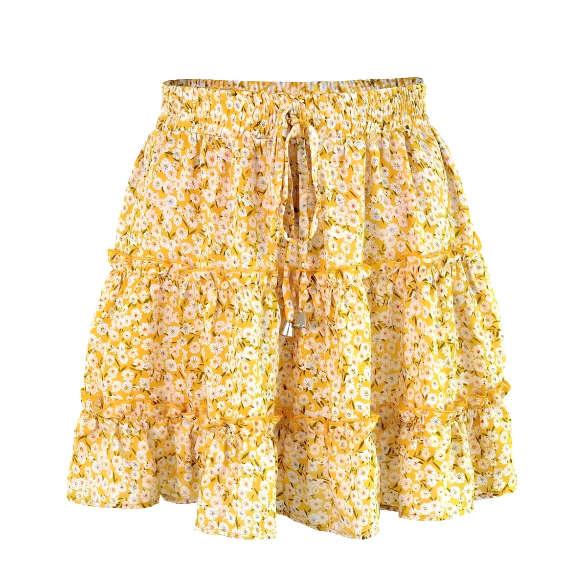 Yellow Daisy Floral Print Ruffle Trim Mid-High Rise Tiered Mini Skirt