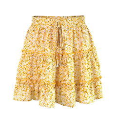 Yellow Daisy Floral Print Ruffle Trim Mid-High Rise Tiered Mini Skirt