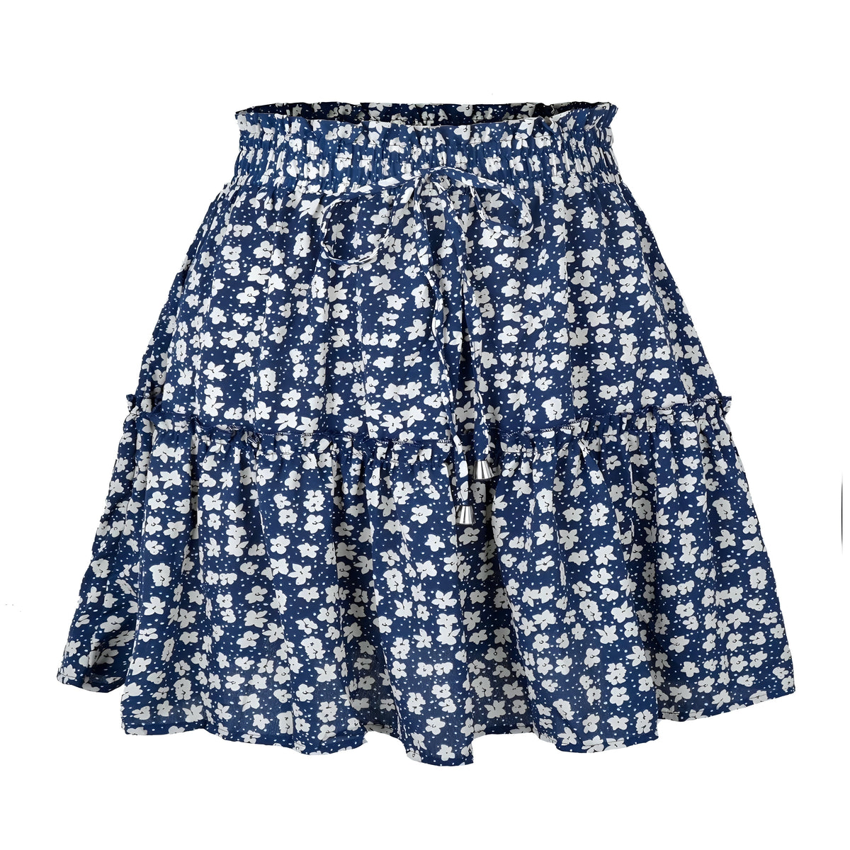 Navy Blue Daisy Floral Print Ruffle Trim Mid-High Rise Tiered Mini Skirt
