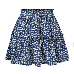 Navy Blue Daisy Floral Print Ruffle Trim Mid-High Rise Tiered Mini Skirt