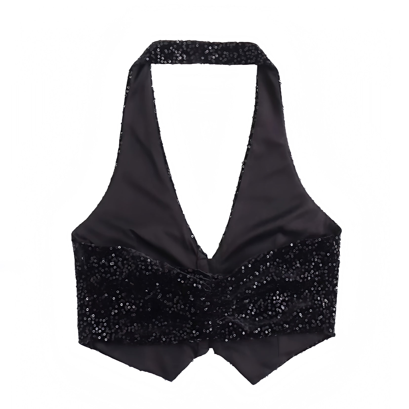 Black Glitter Sequined Slim Fit V-Neck Halter Crop Vest Tank Top