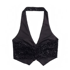 Black Glitter Sequined Slim Fit V-Neck Halter Crop Vest Tank Top