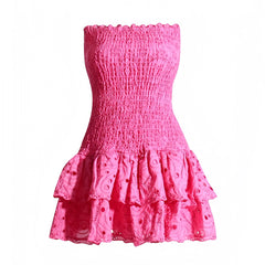 Hot Pink Eyelet Embroidered Layered Ruffle Smocked Strapless Mini Dress