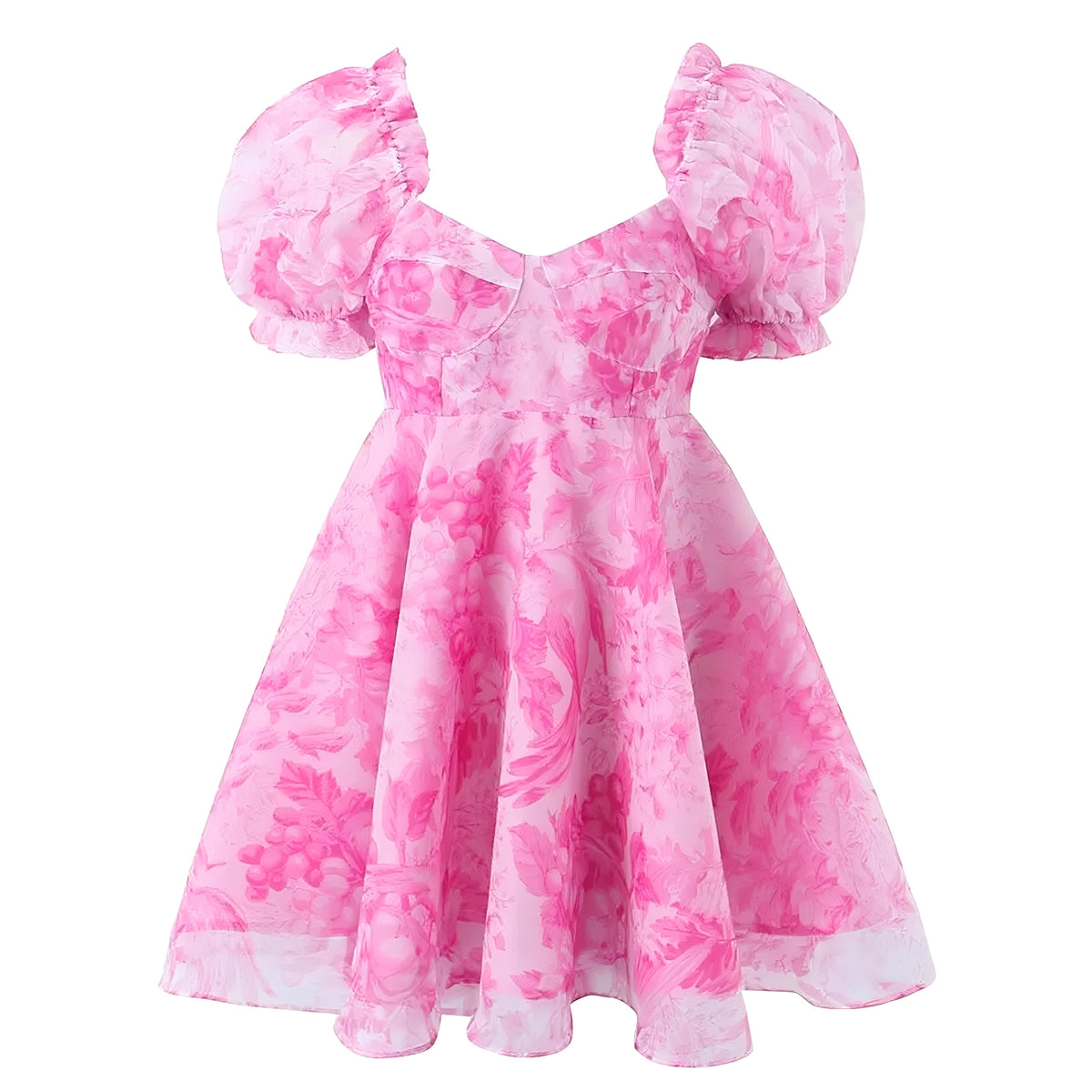 Hot Pink Floral Patterned Ruffle Trim Puff Sleeve Babydoll Mini Dress