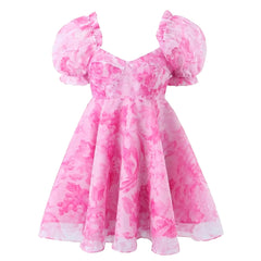 Hot Pink Floral Patterned Ruffle Trim Puff Sleeve Babydoll Mini Dress