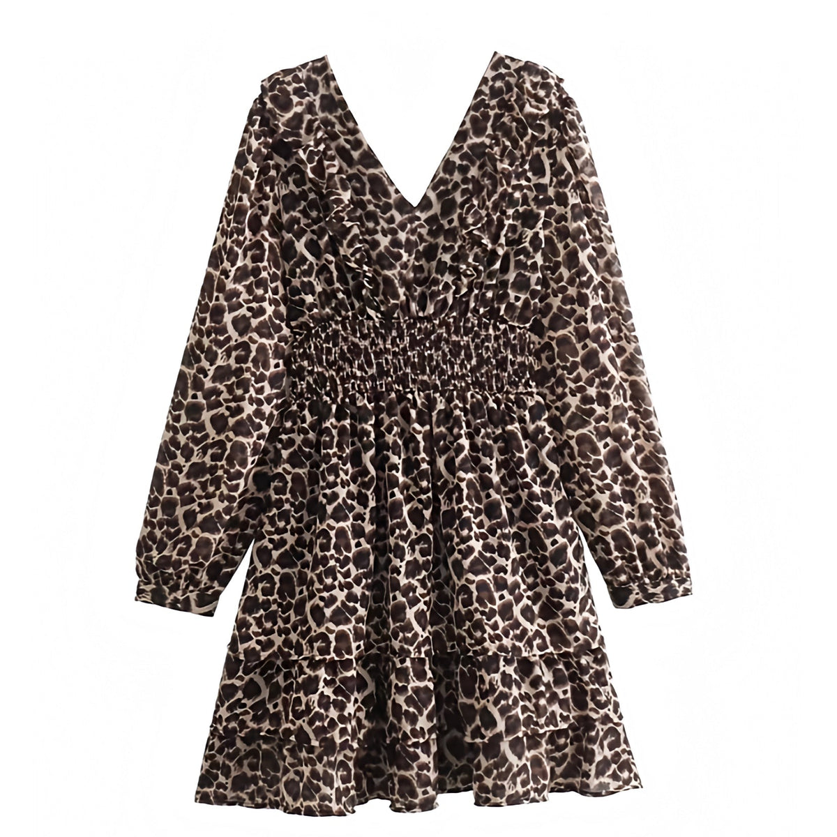 Leopard Print Smocked Layered Ruffle Trim V-Neck Long Puff Sleeve Mini Dress