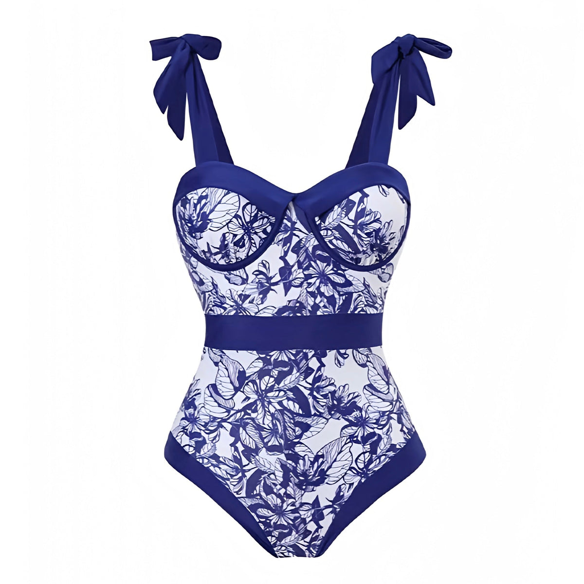 Navy Blue Floral Print Spaghetti Strap Underwire One Piece Swimsuit