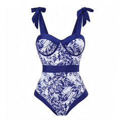 Navy Blue Floral Print Spaghetti Strap Underwire One Piece Swimsuit