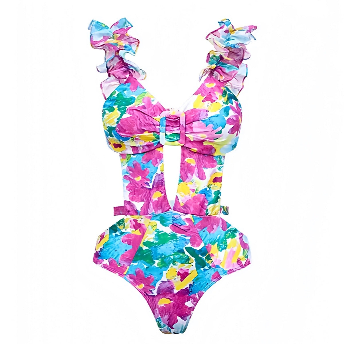 Cocoa Beach Multi-Color Floral Print Ruffle Trim Cut-Out One Piece Swimsuit