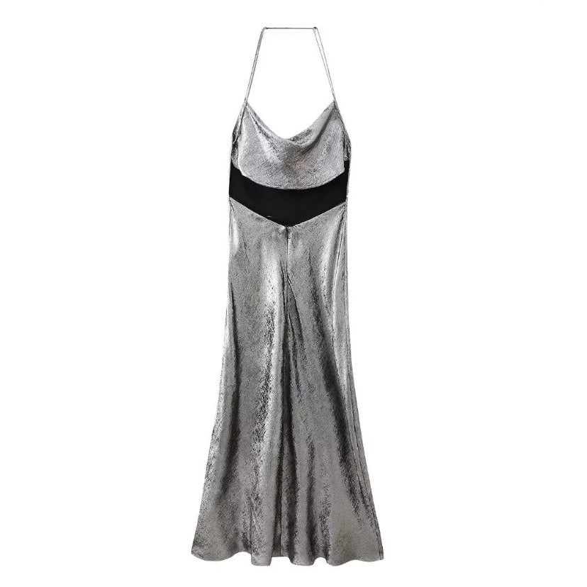 Dark Gray Metallic Spaghetti Strap Halter Midi Dress