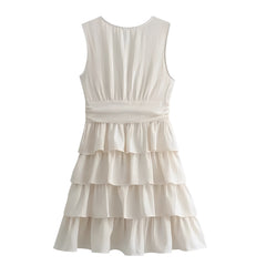 Light Beige Slim Fit Layered Ruffle Trim V-Neck Sleeveless Mini Dress