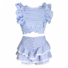 Light Blue Gingham Print Puff Sleeve Top & Layered Ruffle Mini Skirt Set