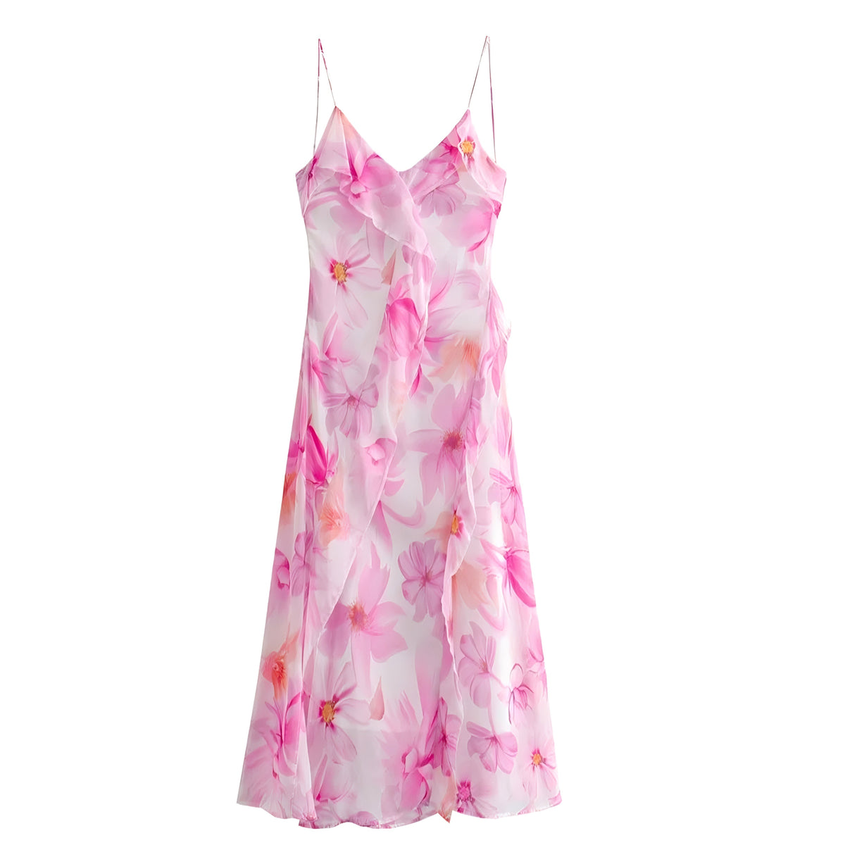 Dahlia Light Pink Floral Print Bodycon Ruffle Trim Spaghetti Strap Backless Maxi Dress