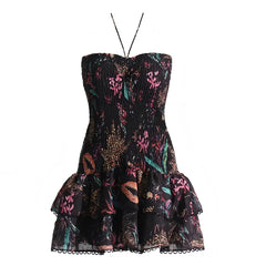 Anguilla Black Multi-Color Floral Layered Ruffle Smocked Halter Mini Dress