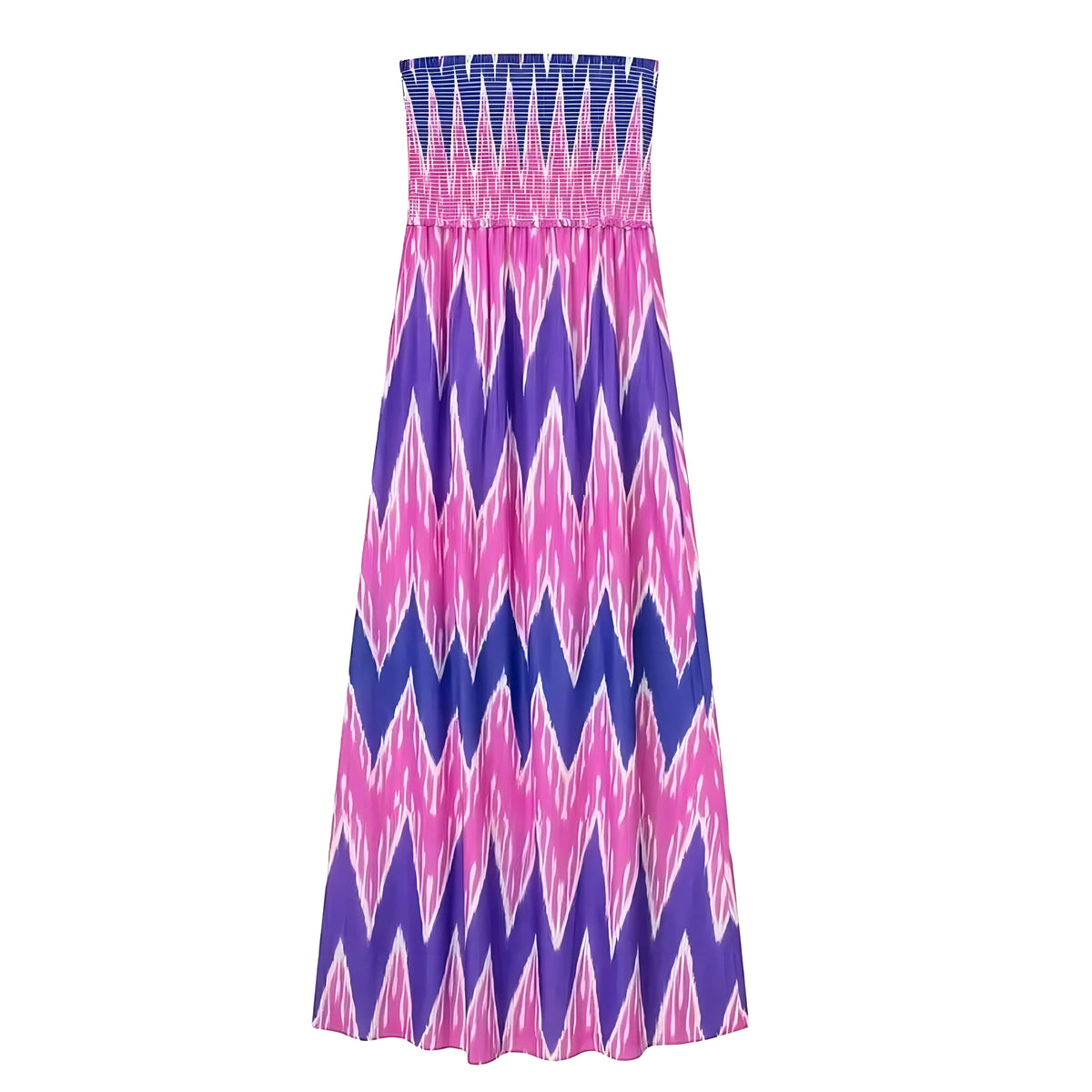 Brazil Multi-Color Zig Zag Patterned Strapless Bandeau Smocked Maxi Dress