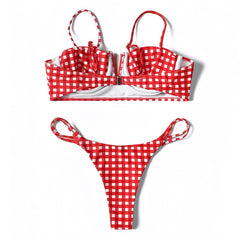 Cherry Red & White Gingham Patterned Underwire 2 Piece Bikini Set