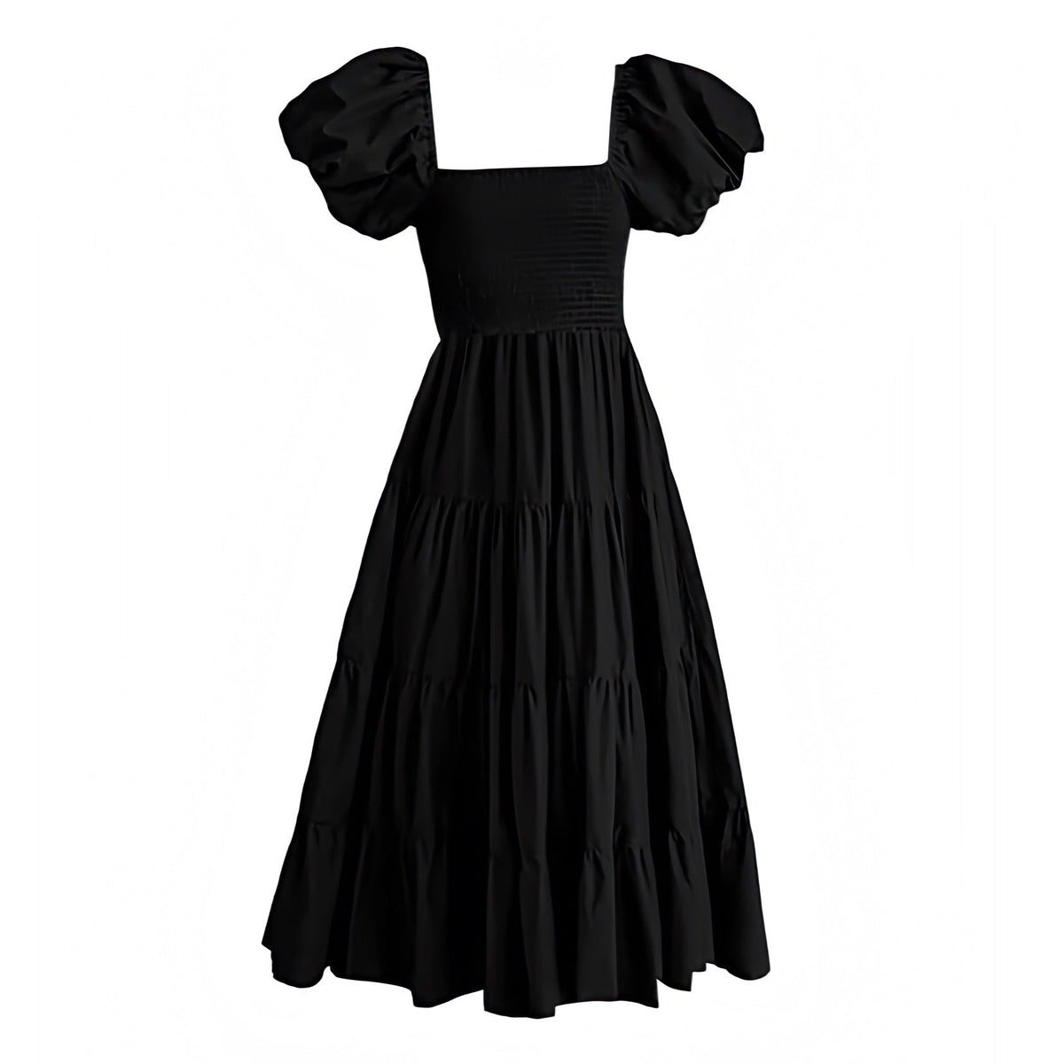 Black Smocked Linen Tiered Puff Sleeve Flowy Maxi Dress