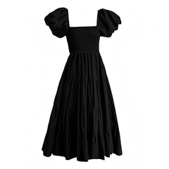 Black Smocked Linen Tiered Puff Sleeve Flowy Maxi Dress