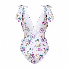 Martha's Vineyard Purple Floral Print Ruffle Trim V-Neck One Piece Swimsuit