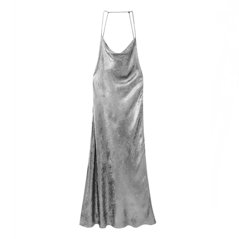 Light Silver Metallic Spaghetti Strap Halter Midi Dress